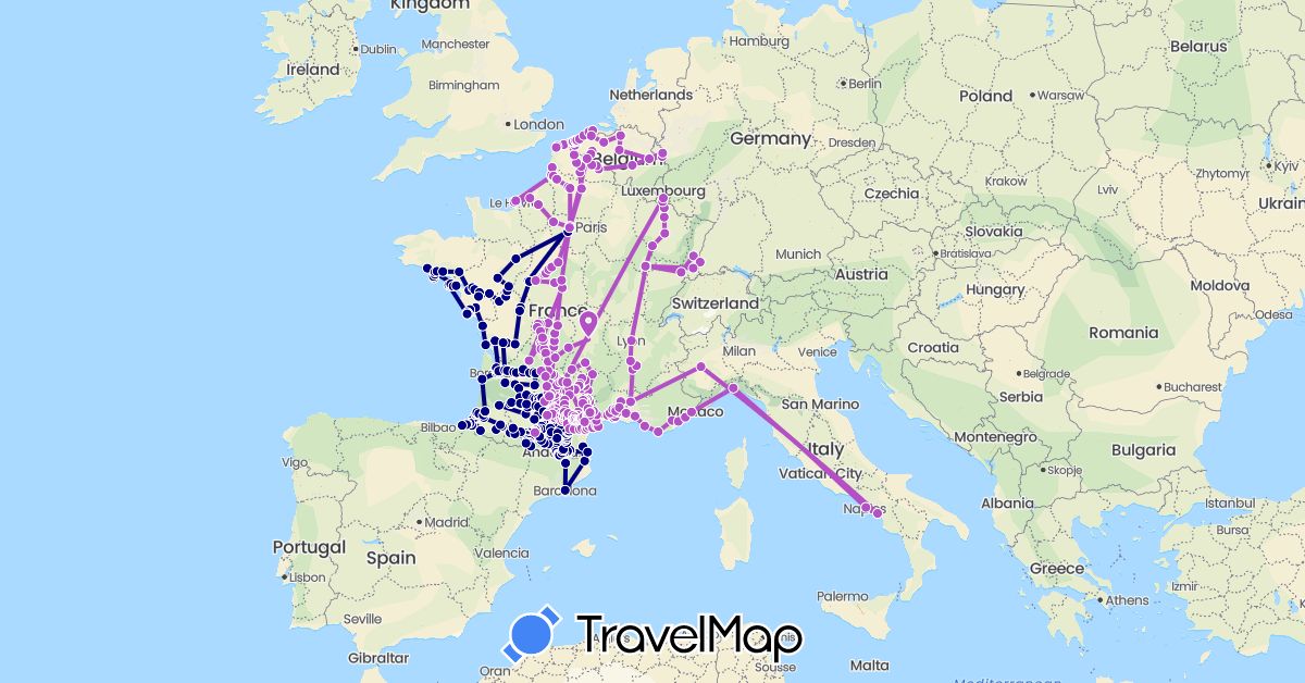 TravelMap itinerary: driving, train in Belgium, Spain, France, Italy (Europe)